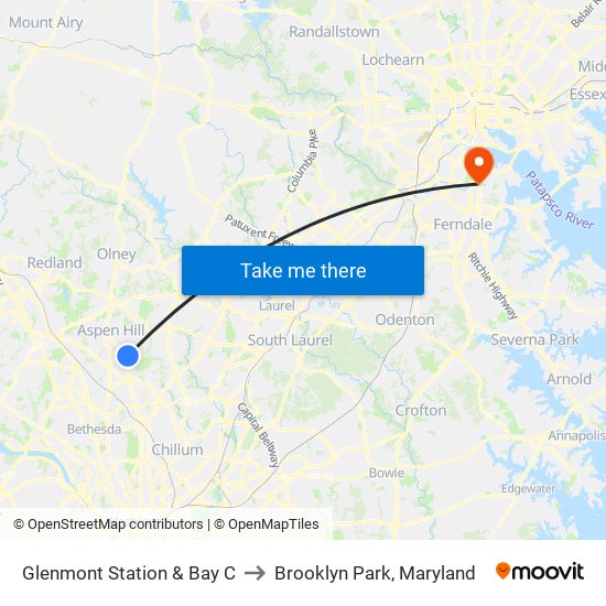 Glenmont Station & Bay C to Brooklyn Park, Maryland map