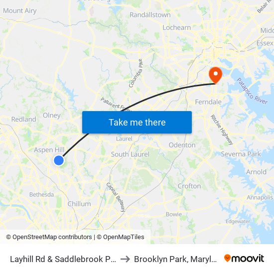 Layhill Rd & Saddlebrook Park to Brooklyn Park, Maryland map