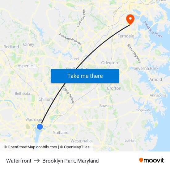 Waterfront to Brooklyn Park, Maryland map