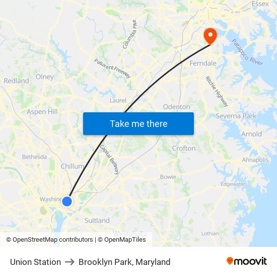 Union Station to Brooklyn Park, Maryland map