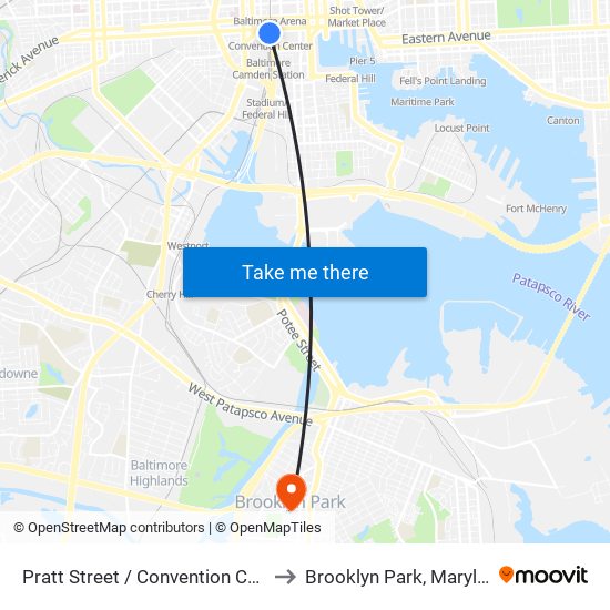 Pratt Street / Convention Center to Brooklyn Park, Maryland map