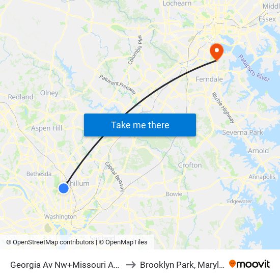 Georgia Av Nw+Missouri Av NW to Brooklyn Park, Maryland map