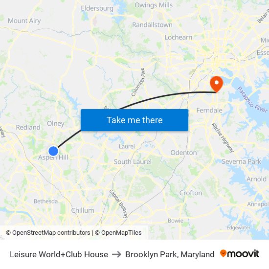 Leisure World+Club House to Brooklyn Park, Maryland map