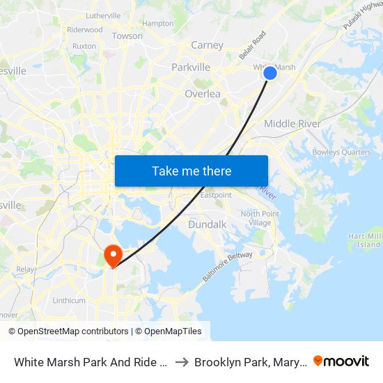 White Marsh Park And Ride Bay 1 to Brooklyn Park, Maryland map