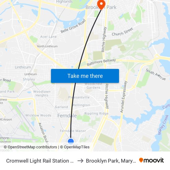 Cromwell Light Rail Station Bay 1 to Brooklyn Park, Maryland map
