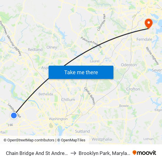 Chain Bridge And St Andrews to Brooklyn Park, Maryland map