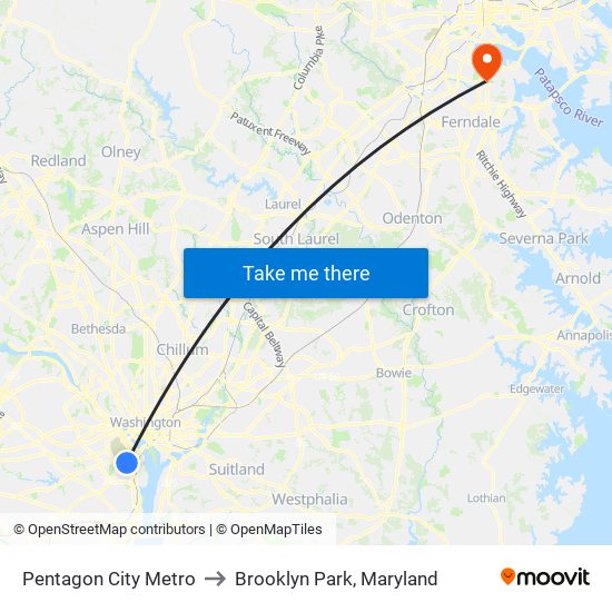 Pentagon City Metro to Brooklyn Park, Maryland map