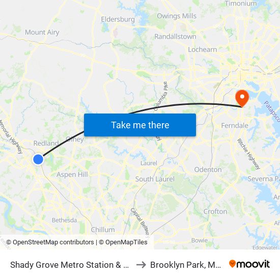 Shady Grove Metro Station & Bus Bay C to Brooklyn Park, Maryland map