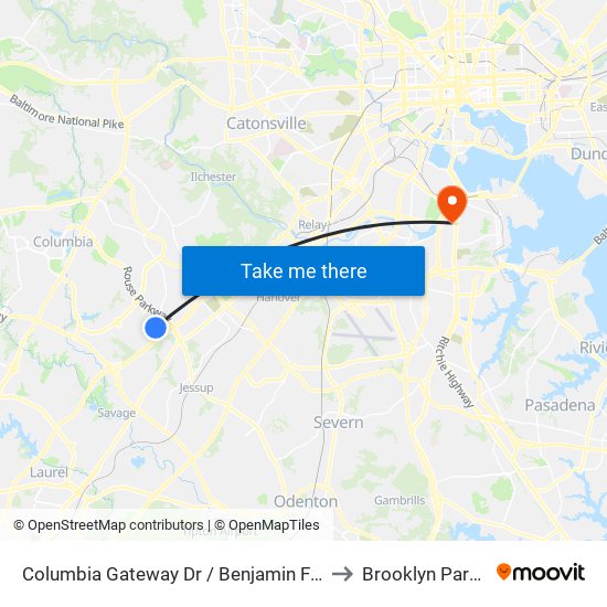 Columbia Gateway Dr / Benjamin Franklin Dr to Brooklyn Park, Maryland map