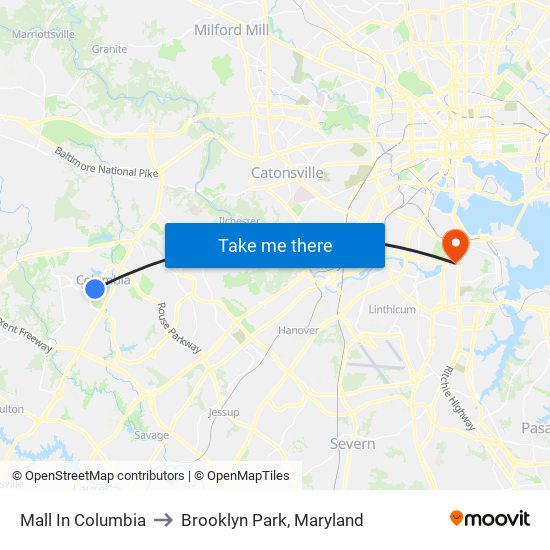 Mall In Columbia to Brooklyn Park, Maryland map
