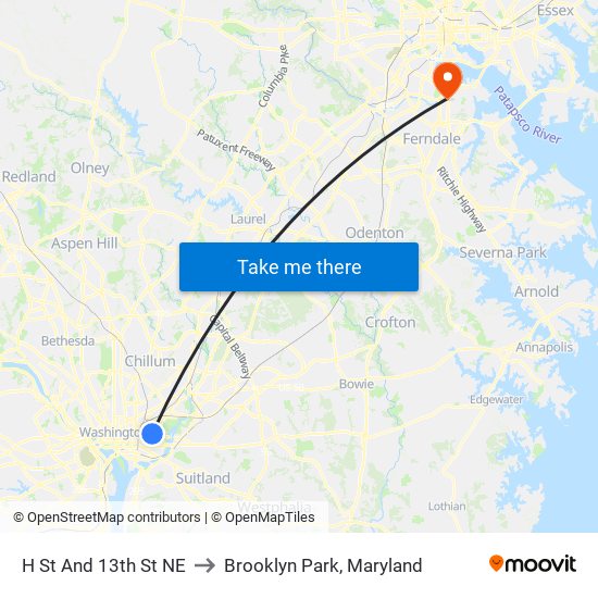 H St And 13th St NE to Brooklyn Park, Maryland map