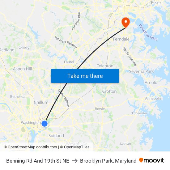 Benning Rd And 19th St NE to Brooklyn Park, Maryland map