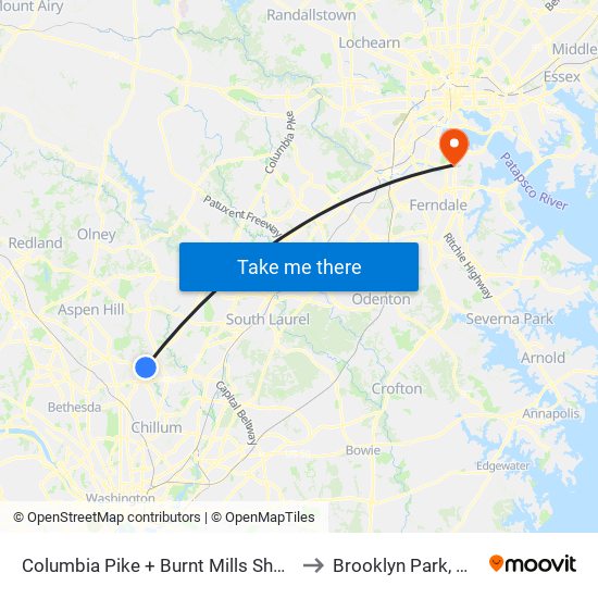 Columbia Pike + Burnt Mills Shopping Center to Brooklyn Park, Maryland map