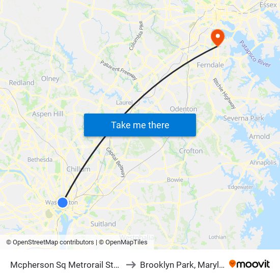 Mcpherson Sq Metrorail Station to Brooklyn Park, Maryland map