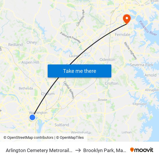 Arlington Cemetery  Metrorail Station to Brooklyn Park, Maryland map