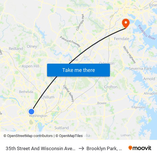 35th Street And Wisconsin Avenue NW (Sb) to Brooklyn Park, Maryland map