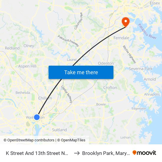 K Street And 13th Street NW (Eb) to Brooklyn Park, Maryland map