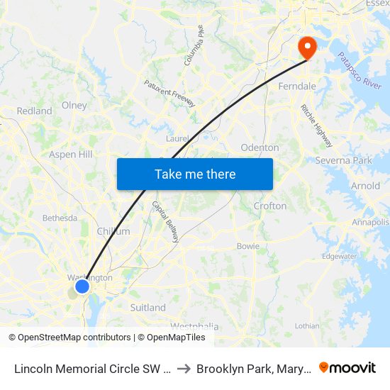 Lincoln Memorial Circle SW (Wb) to Brooklyn Park, Maryland map