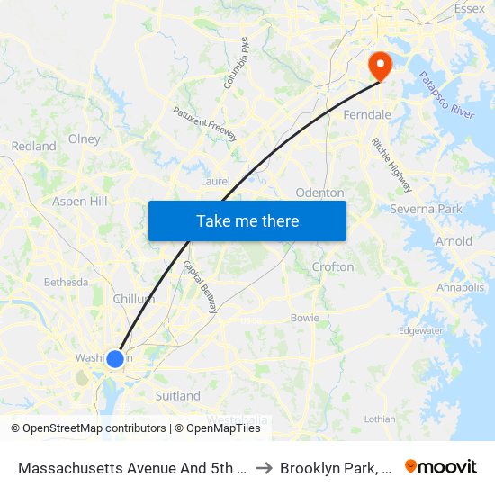 Massachusetts Avenue And 5th Street NW (Eb) to Brooklyn Park, Maryland map