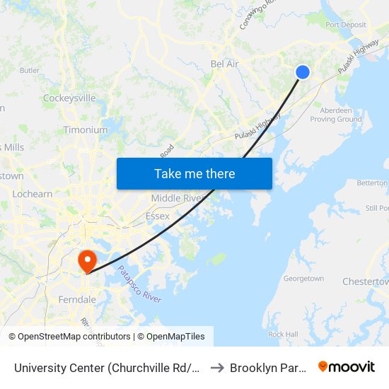 University Center (Churchville Rd/Rt 22 & Technology Dr) to Brooklyn Park, Maryland map