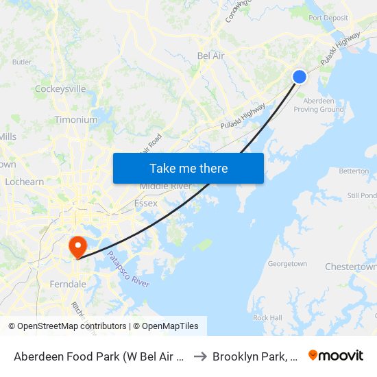 Aberdeen Food Park (W Bel Air Ave & Baker St) to Brooklyn Park, Maryland map