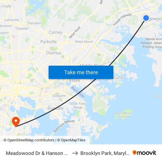 Meadowood Dr & Hanson Road to Brooklyn Park, Maryland map