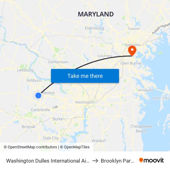 Washington Dulles International Airport Metrorail Station to Brooklyn Park, Maryland map