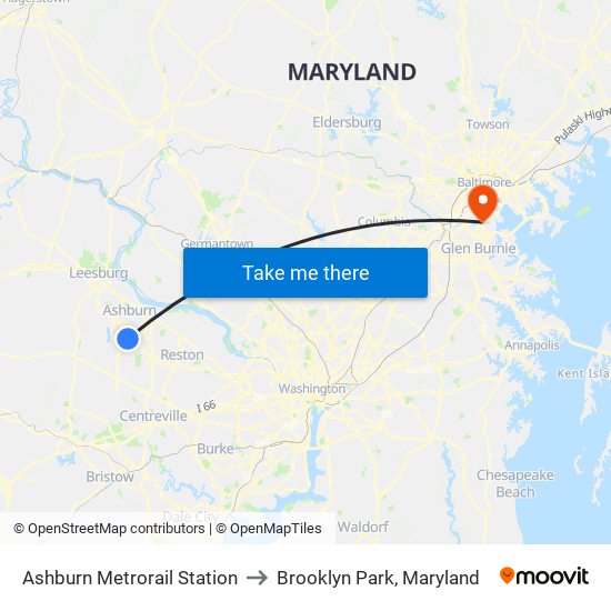 Ashburn Metrorail Station to Brooklyn Park, Maryland map