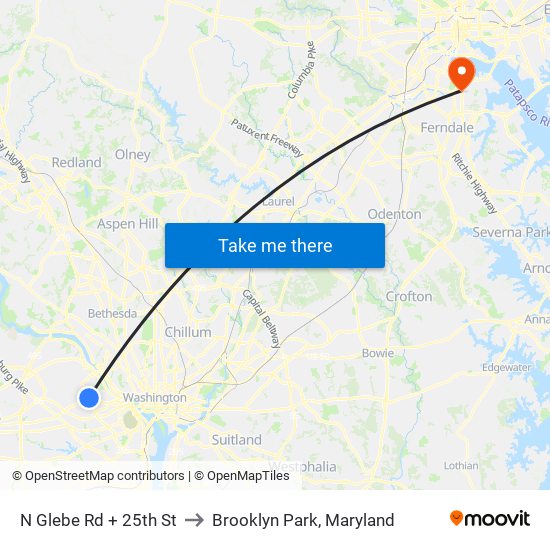 N Glebe Rd + 25th St to Brooklyn Park, Maryland map