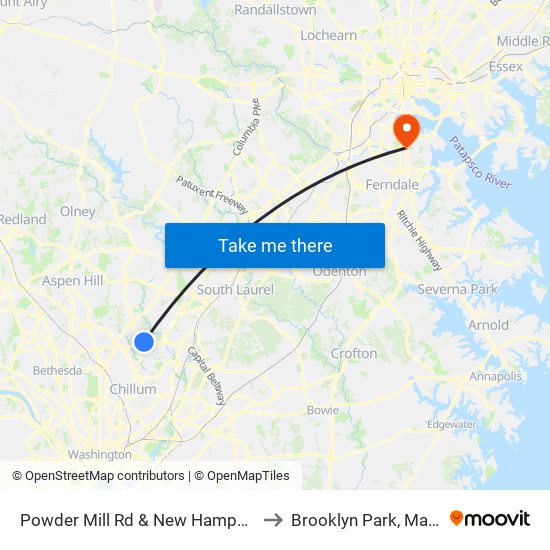 Powder Mill Rd & New Hampshire Ave to Brooklyn Park, Maryland map