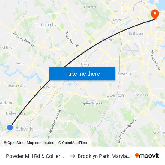 Powder Mill Rd & Collier Rd to Brooklyn Park, Maryland map