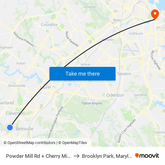 Powder Mill Rd + Cherry Mill Rd to Brooklyn Park, Maryland map