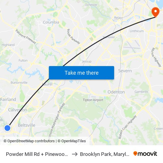 Powder Mill Rd + Pinewood Ct to Brooklyn Park, Maryland map