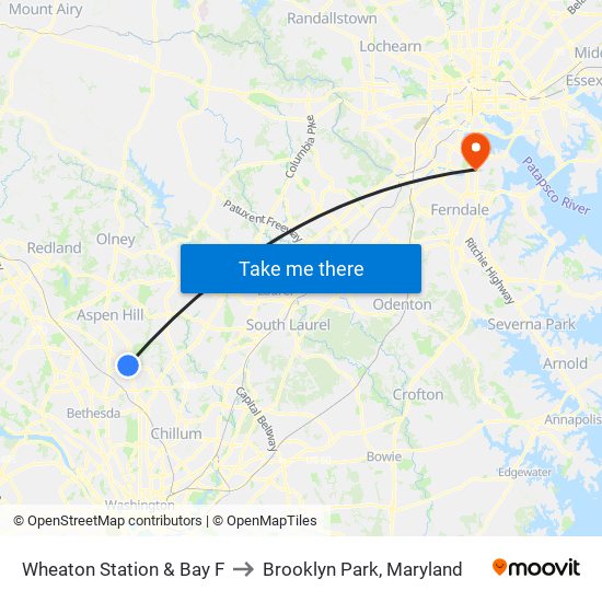 Wheaton Station & Bay F to Brooklyn Park, Maryland map