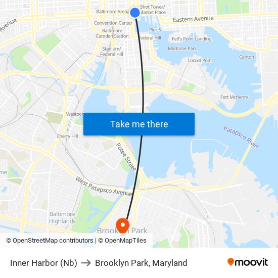 Inner Harbor (Nb) to Brooklyn Park, Maryland map