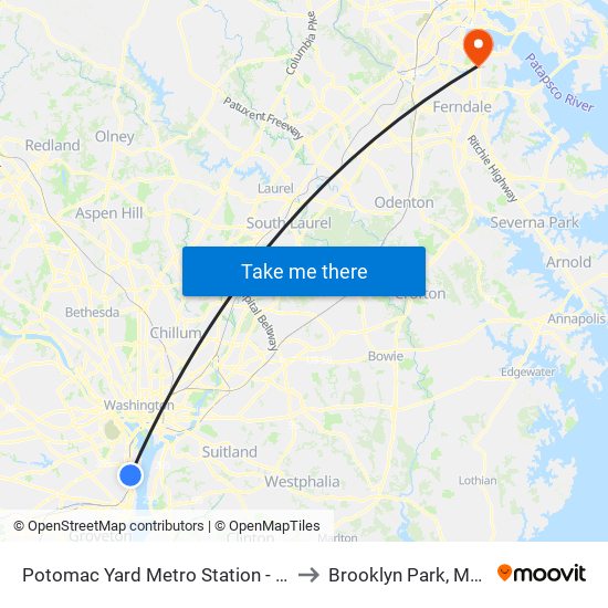 Potomac Yard Metro Station - Bus Bay A to Brooklyn Park, Maryland map