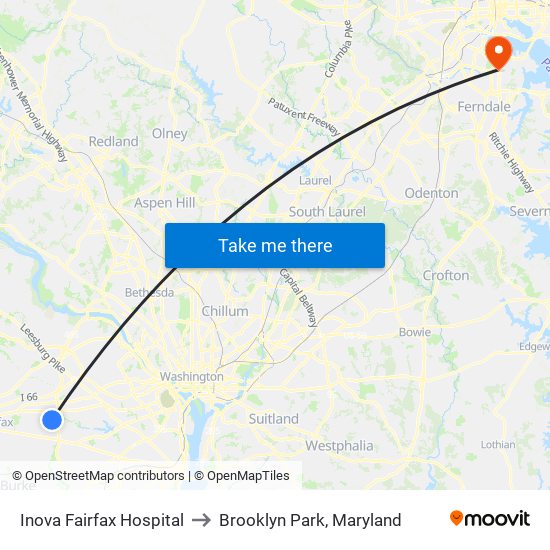 Inova Fairfax Hospital to Brooklyn Park, Maryland map