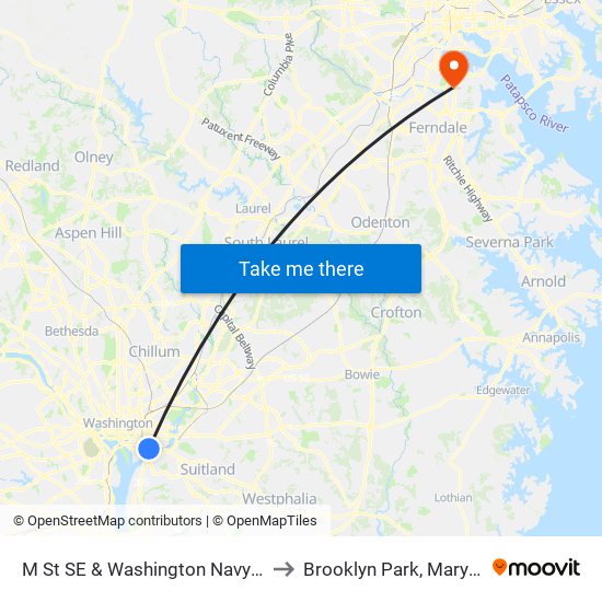 M St SE & Washington Navy Yard to Brooklyn Park, Maryland map