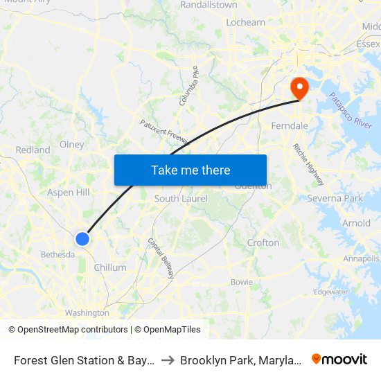 Forest Glen Station & Bay A to Brooklyn Park, Maryland map