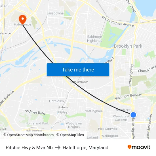 Ritchie Hwy & Mva Nb to Halethorpe, Maryland map