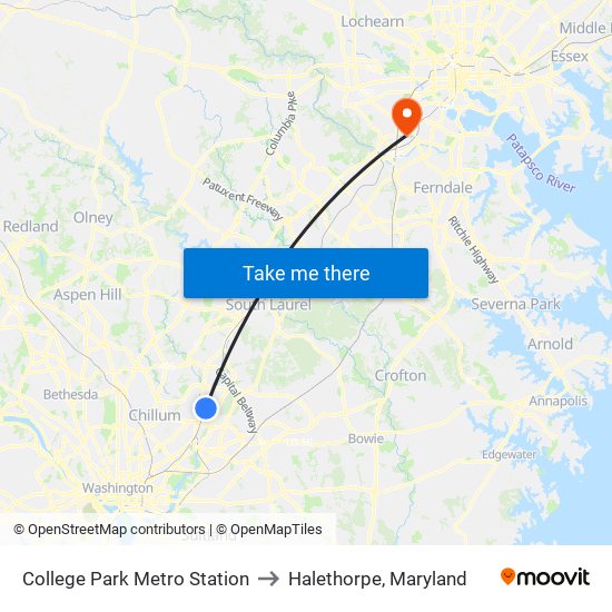 College Park Metro Station to Halethorpe, Maryland map