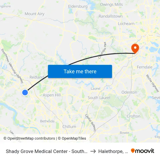 Shady Grove Medical Center - South & Medical Center Way to Halethorpe, Maryland map