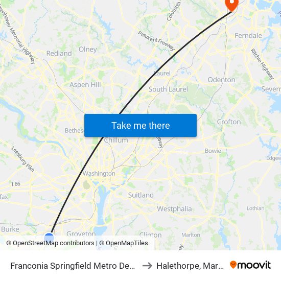 Franconia Springfield Metro Departures to Halethorpe, Maryland map