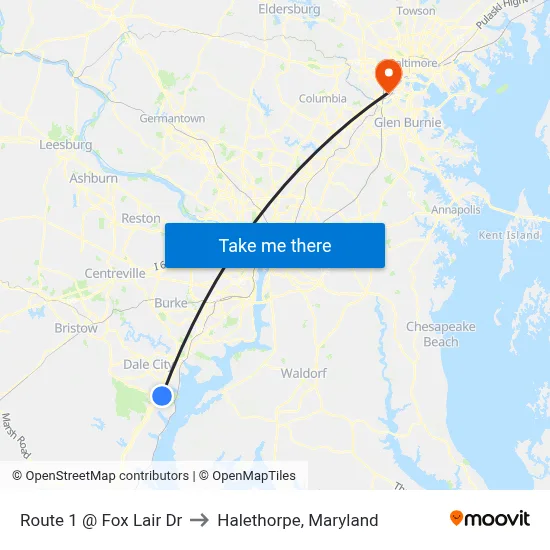 Route 1 @ Fox Lair Dr to Halethorpe, Maryland map