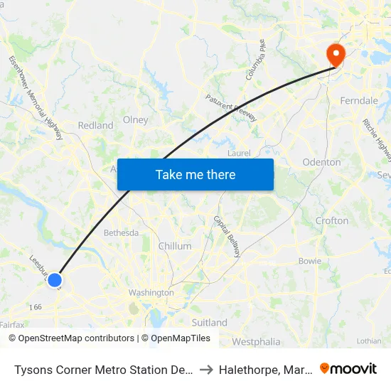 Tysons Corner Metro Station Departures to Halethorpe, Maryland map