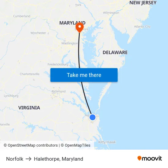 Norfolk to Halethorpe, Maryland map