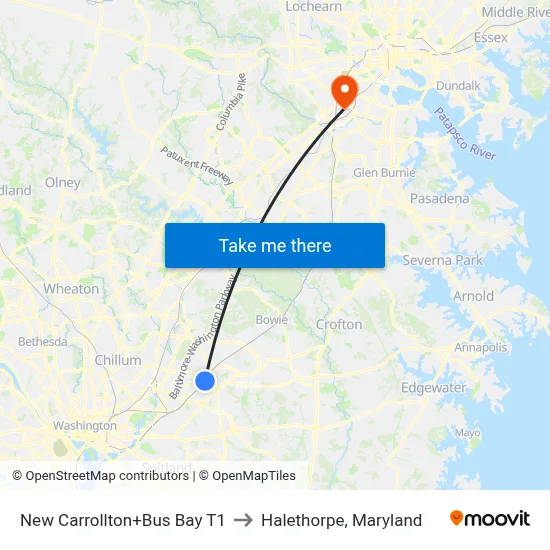New Carrollton+Bus Bay T1 to Halethorpe, Maryland map