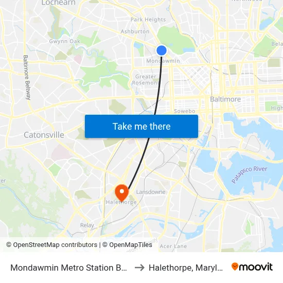 Mondawmin Metro Station Bay 9 to Halethorpe, Maryland map