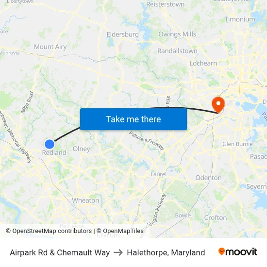Airpark Rd & Chemault Way to Halethorpe, Maryland map