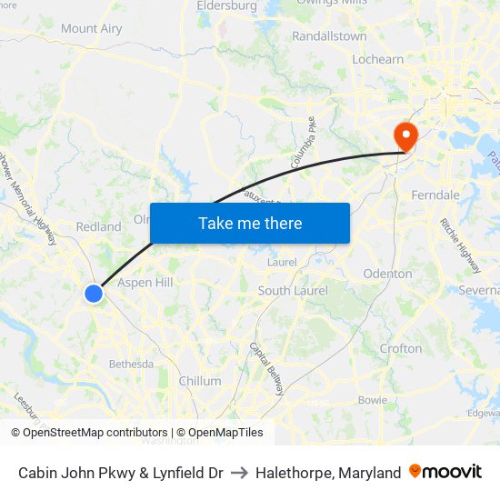 Cabin John Pkwy & Lynfield Dr to Halethorpe, Maryland map